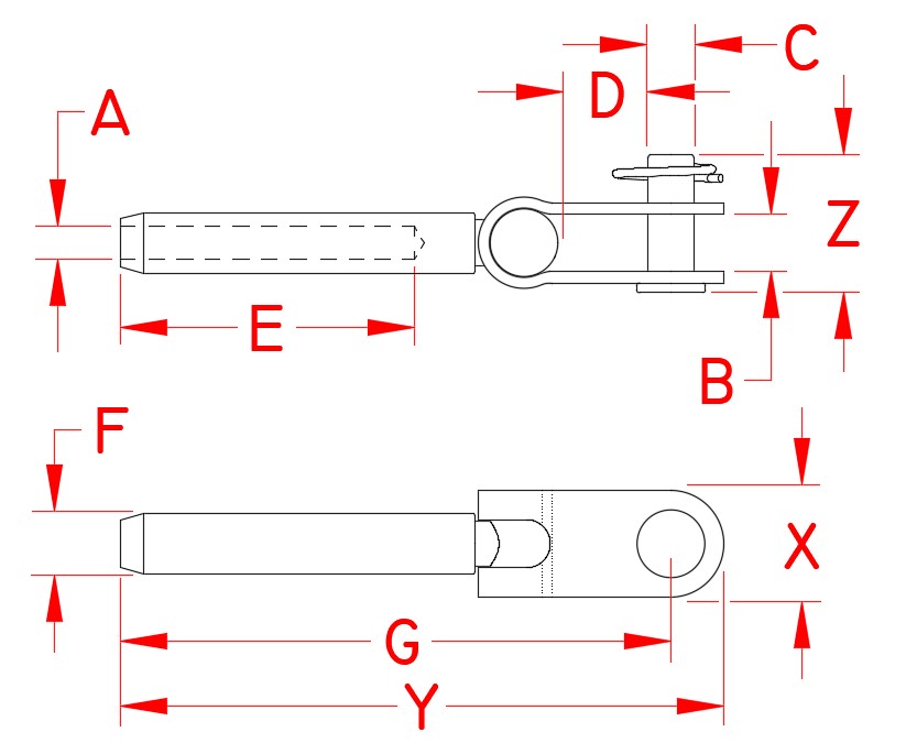 Stainless Steel Swage Marine Toggle, S0737-0003, S0737-0004, S0737-0005, S0737-0006, S0737-0007, S0737-0008, S0737-0009, S0737-0010, Line Drawing